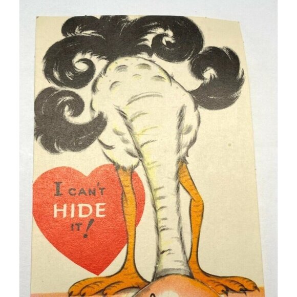 Valentines Day Greeting Card Ostrich Head in the Sand Hearts Vintage 1940s - Picture 4 of 6